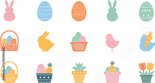 A collection of vibrant Easter-themed illustrations, featuring decorated eggs, adorable bunnies, chicks, and baskets filled with delightful treats, all presented in a cheerful and inviting style.