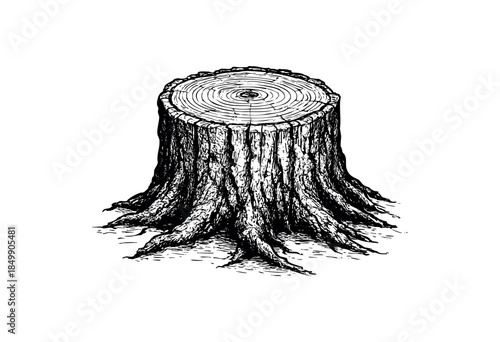 A detailed black and white ink sketch of a tree stump with visible rings and textured bark, presented on a plain white background.
