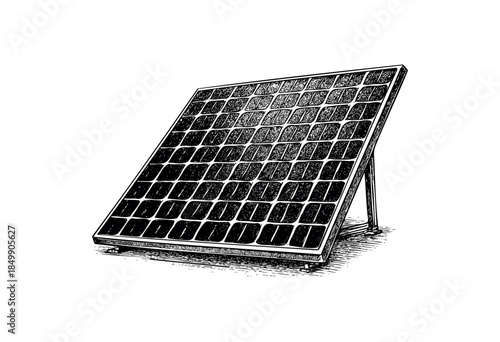 A hand-drawn illustration in black ink shows a single solar panel with a support frame, isolated on a white background, suggesting clean energy and innovation.