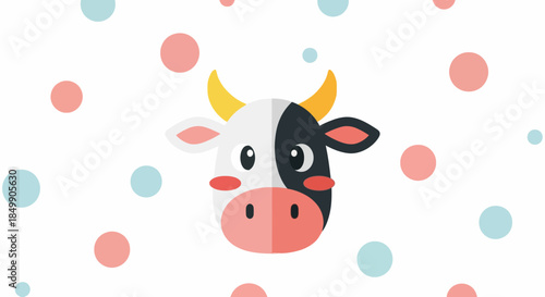 Cute Modern Cartoon Cow Face with Colorful Polka Dots Background for Kids Illustration