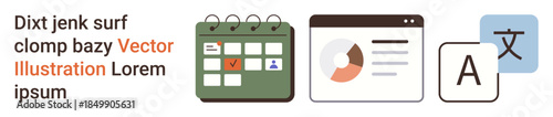 Productivity, data management, digital technology, multitasking, translation, scheduling. A calendar, chart and translation icon. Productivity and data management in digital workspaces