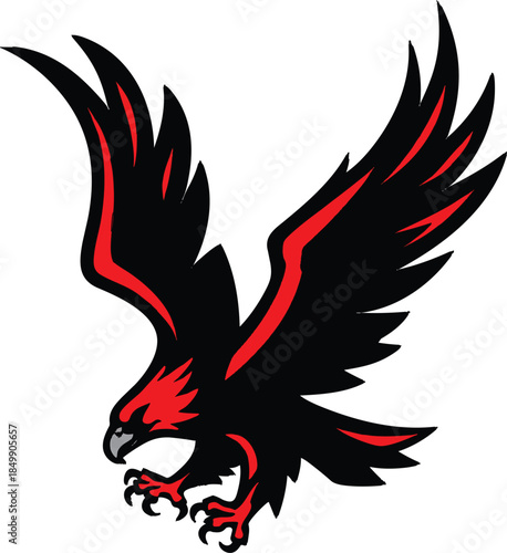 Dynamic and powerful red and black eagle logo with outstretched wings and piercing gaze on white background.