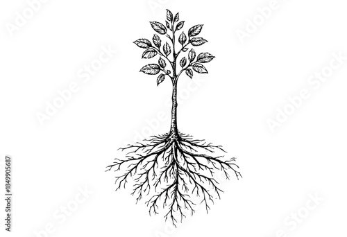 A black and white ink drawing depicts a stylized tree with visible, intricate root systems spreading outwards, representing growth and foundation.