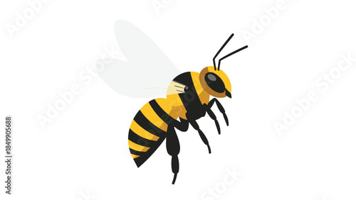 Stylized illustration of a honeybee in flight with geometric shapes and vibrant yellow and black coloring.
