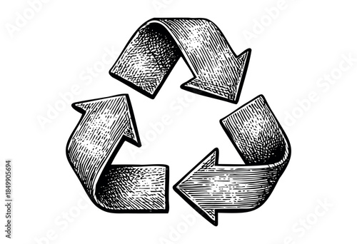 A black and white illustration of the universal recycling symbol created in a woodcut style with hatching and stippling textures on a white background, symbolizing environmental consciousness.