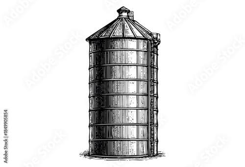 A detailed black and white woodcut illustration of an industrial grain silo with a conical roof and ladder, set against a white background.