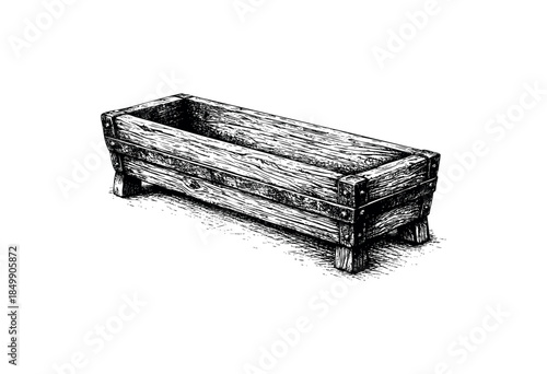 An antique, distressed wooden planter box with metal accents, rendered in a black and white sketch style, sits isolated on a clean white background.