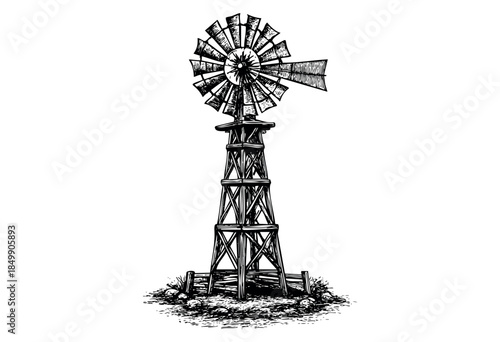 A classic black and white sketch of a vintage farm windmill with wooden blades and tower, set against a clean white background, evoking a rustic, historical feel.