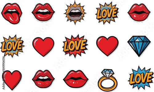 A collection of pop art symbols in vibrant red and gold color, evokes themes of love, romance, and luxury.