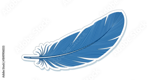 Detailed illustration of a single blue feather with fine lines and texture highlighting its
