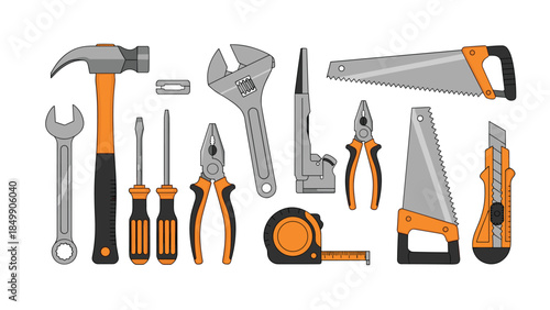 Collection of essential hand tools including a hammer, wrench, screwdrivers, pliers, saw, and utility knife for various repair projects.
