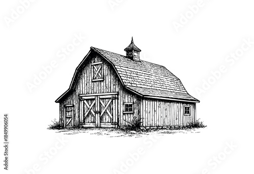 Hand-drawn illustration of a rustic wooden barn with a gambrel roof and double barn doors set against a clean white background, ideal for agricultural themes or vintage designs.