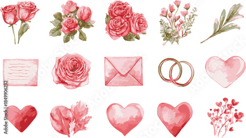 A watercolor depiction of romantic symbols, perfect for conveying messages of love and affection. Featuring roses, hearts, envelopes, and wedding rings.