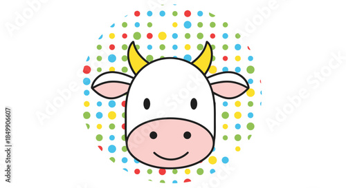 Cute cartoon cow with a colorful dotted background highlighting farm animals and playful
