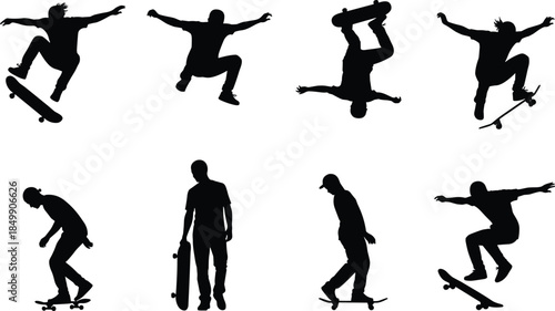 Skateboarder silhouettes performing tricks isolated on white background, urban skateboarding action poses collection for extreme sport vector design illustration icons