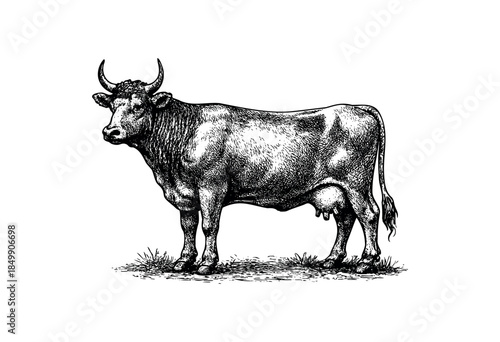 A detailed black and white illustration of a cow in a vintage style, standing on grass with a white background, evoking a sense of nostalgia and tradition in farming.