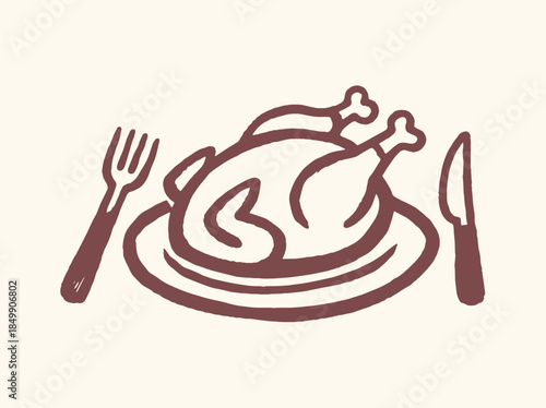 Roast Chicken On Plate Minimal Line Icon Vector Illustration