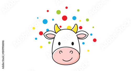 Cute cartoon cow with colorful confetti background for children and celebrations