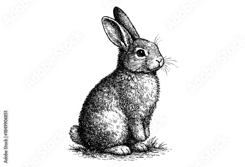 An intricately detailed black and white illustration of a rabbit sitting attentively on a patch of grass, rendered in a classic engraving style.