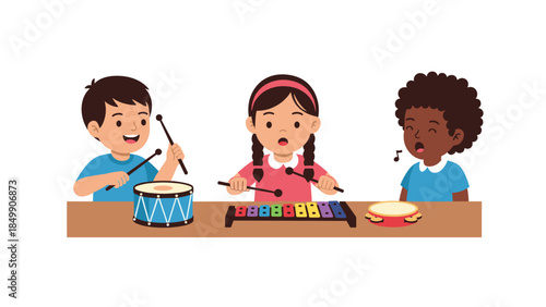 Diverse children enthusiastically play musical instruments together at a table, fostering creativity and teamwork through music education.