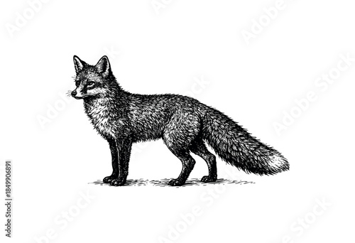 A detailed black and white ink engraving of a fox standing proudly, with intricate fur texture and sharp features, isolated on a clean white background.