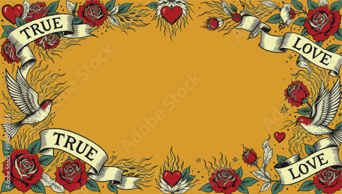 An exquisite, ornamental floral display that shows the eternal messages of True Love amid a vibrant and artistic presentation of roses, hearts, and doves.