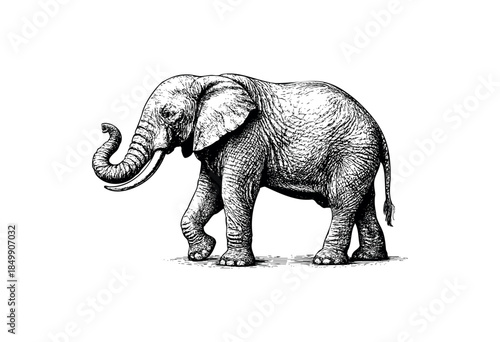 Detailed ink sketch of an elephant walking from left to right on a white background, rendered in a classic engraving style.