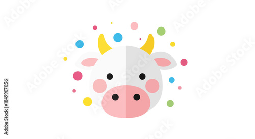Cute cartoon cow with yellow horns and colorful confetti surrounding its face in a playful and