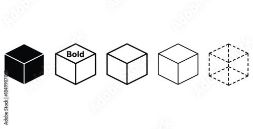 Five distinct isometric cube icons illustrating different styles from solid fill to dashed outline representation