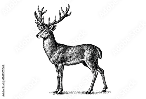 Detailed black and white ink illustration of a majestic stag with large antlers standing against a white background, conveying a sense of wilderness and nature.
