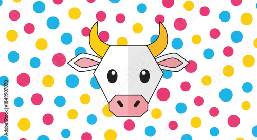 Cute cartoon cow with yellow horns and pink nose on colorful polka dot background