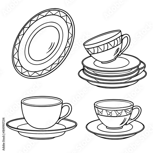 Black and white line art illustration of teacups and saucers