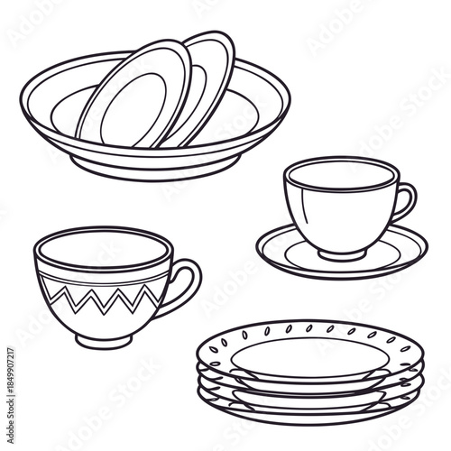 Black and white line art of kitchen tableware collection