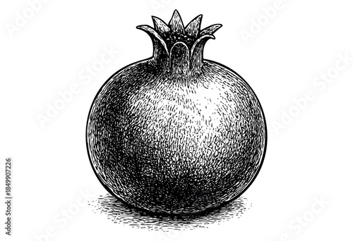 A detailed, textured ink drawing of a single pomegranate on a clean white background, rendered in a classic etching style.