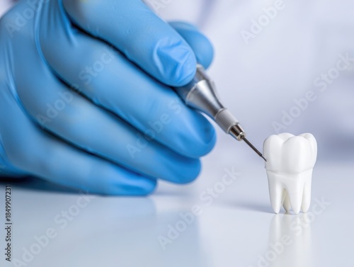 Dental procedure with gloved hand and tool