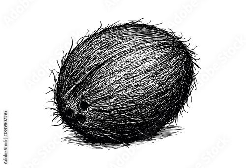 A highly detailed, hand-drawn illustration of a whole coconut in black and white, showcasing its fibrous texture and three germination pores on a clean white background.