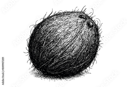A detailed, vintage black and white illustration of a whole coconut with its husk and hairy texture, isolated on a clean white background, evoking a sense of retro, natural, or tropical themes.