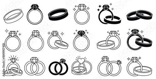Collection of various diamond engagement and wedding ring icons in black and white outline styles