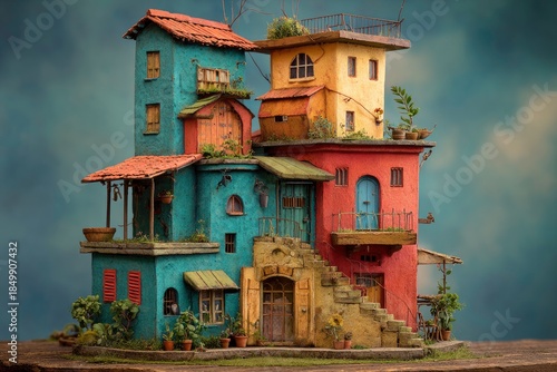 Colorful village of dwellings with balconies and rooftops.