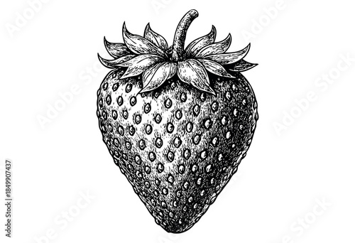 A detailed, high-contrast black and white illustration of a single strawberry, rendered in a classic sketch style with visible linework and shading.