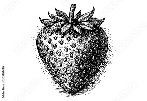 A detailed pen and ink sketch of a ripe strawberry with its green leafy crown, rendered in a classic vintage style on a clean white background.