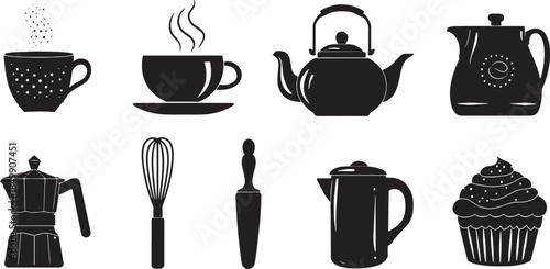 A collection of meticulously crafted, elegant monochrome kitchen tools and beverages, creating a harmonious and aesthetically pleasing presentation.