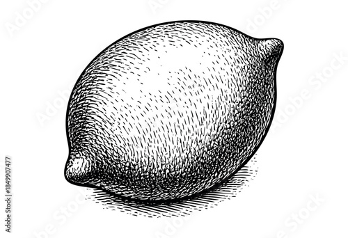 A detailed, vintage style pen and ink illustration of a single lemon with hatched shading and a cast shadow on a white background, perfect for graphic design projects.