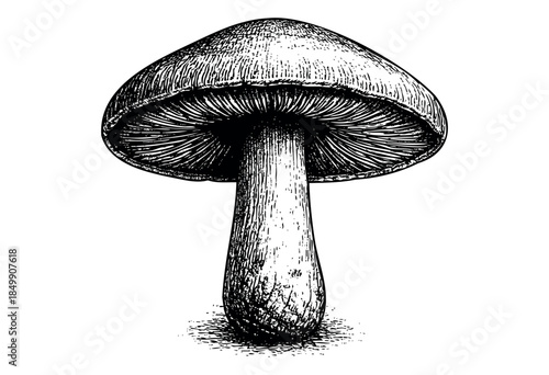 An antique black and white illustration of a single mushroom in a detailed engraving style, perfect for design projects needing a retro or natural element.