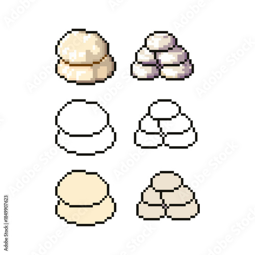 A collection of six pixel art sprites representing stacks of traditional steamed buns (Mantou). The set features three different artistic styles: textured shading, clean line art, and flat colors.