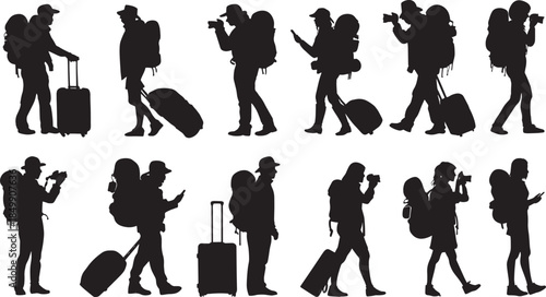 Silhouette of a traveler navigating a journey, showcasing a journey with luggage, camera and backpack.