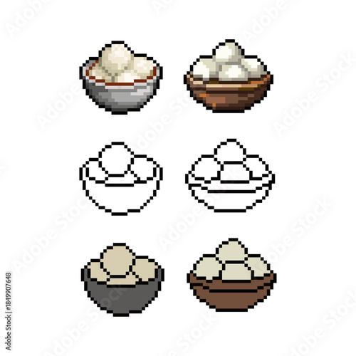 A detailed set of six pixel art icons featuring bowls of Tangyuan (sweet glutinous rice balls), a traditional Asian dessert often served during the Lantern Festival or Winter Solstice.