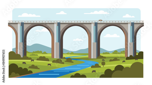 Majestic stone railway bridge spans a lush green valley with a winding river and grazing cattle under a clear blue sky.