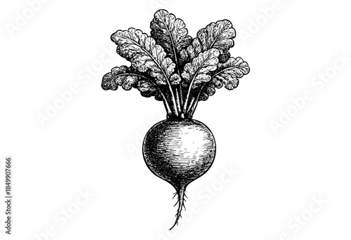 A detailed black and white illustration of a single beetroot with its leafy green tops, presented in a vintage botanical drawing style.