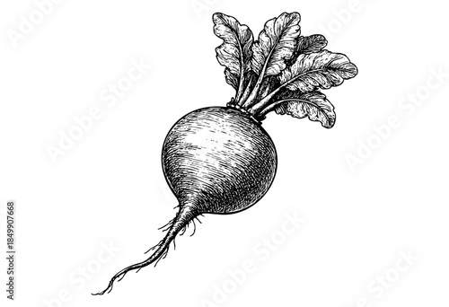 A detailed black and white line art illustration of a single beet with leafy greens and root. This vintage-style drawing is perfect for cookbooks, health food blogs, or botanical art.